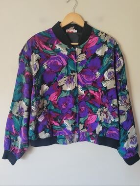 Vintage 90s Floral Satin Bomber Jacket Maximalist Spring Watercolour Size Large